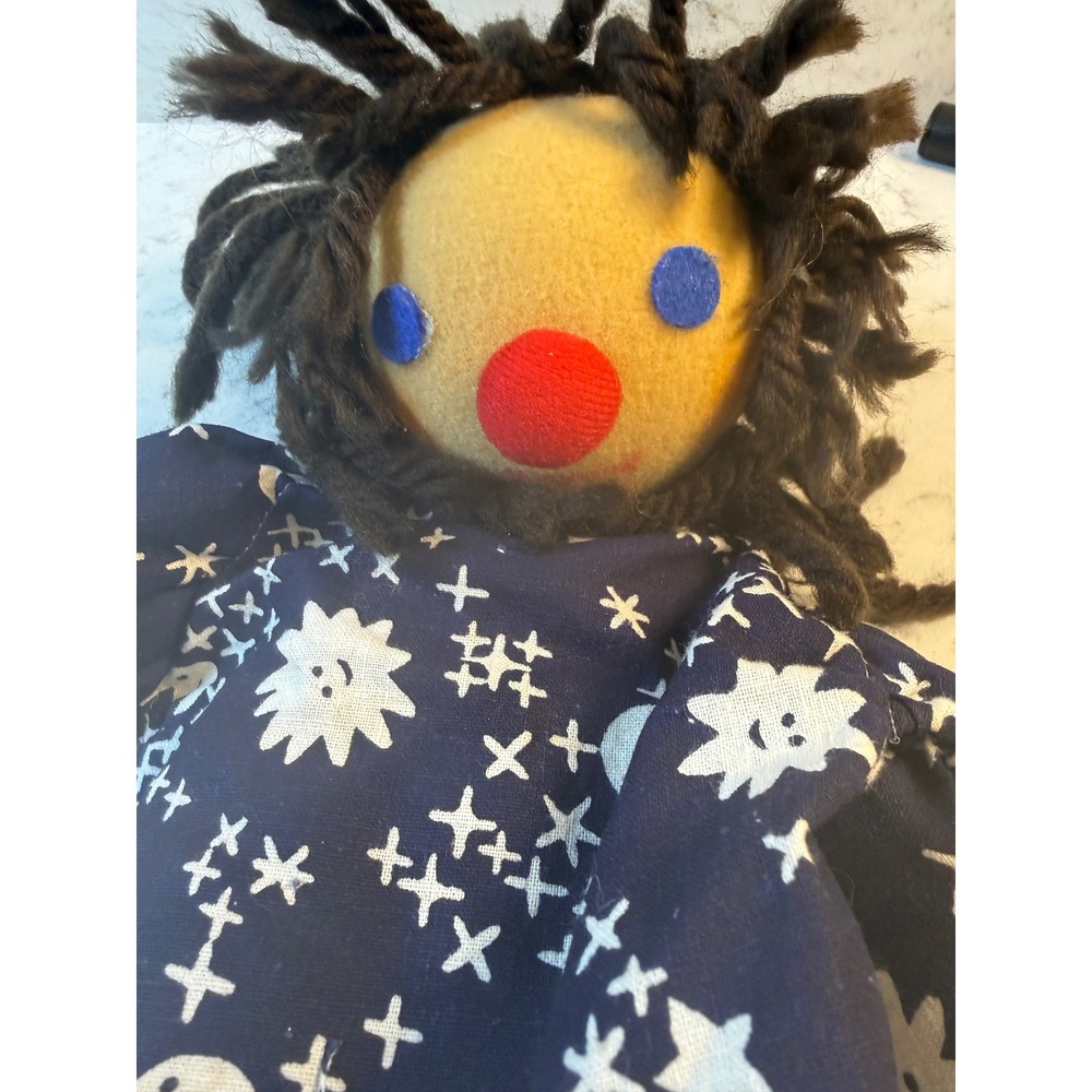 Vintage 1979 Intrigue Inc Celestial Cloth Doll Yarn Hair Sun Moon Star Navy 12"